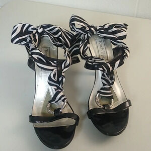 Touch Ups Black patent, ankle bow tie, silver, front platform heeled shoe